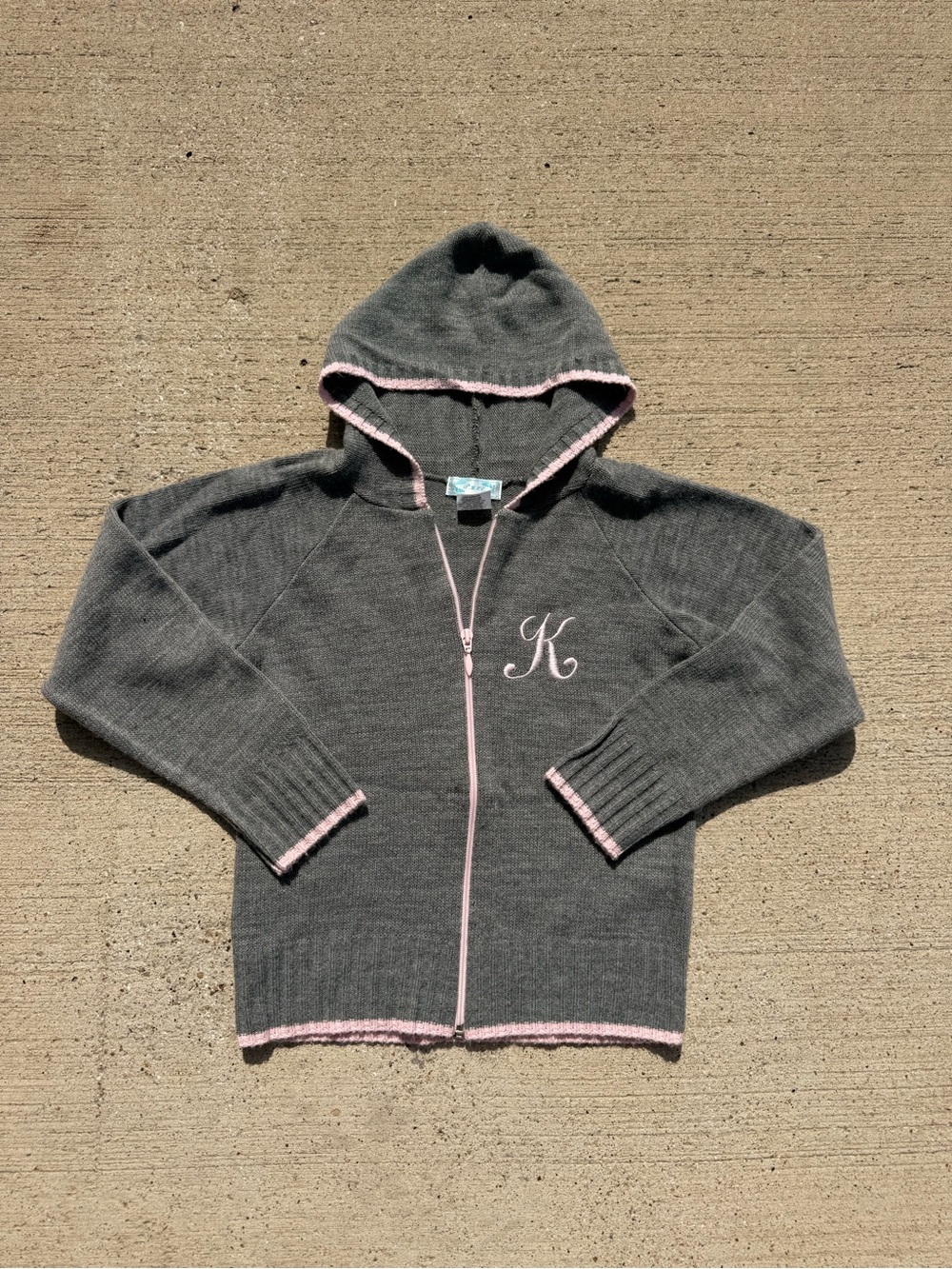Gray Knit Hooded Zip-Up with Pink Trim - K Monogram